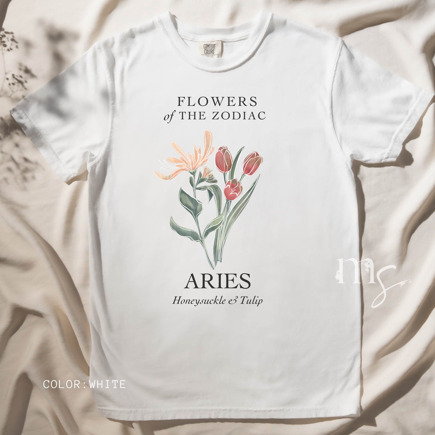 Aries Floral T-Shirt – Tulip and Honeysuckle – Astrology T-Shirt