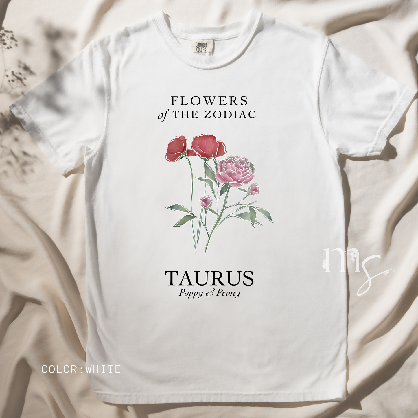 Taurus Floral T-Shirt – Poppy and Peony – Astrology T-Shirt