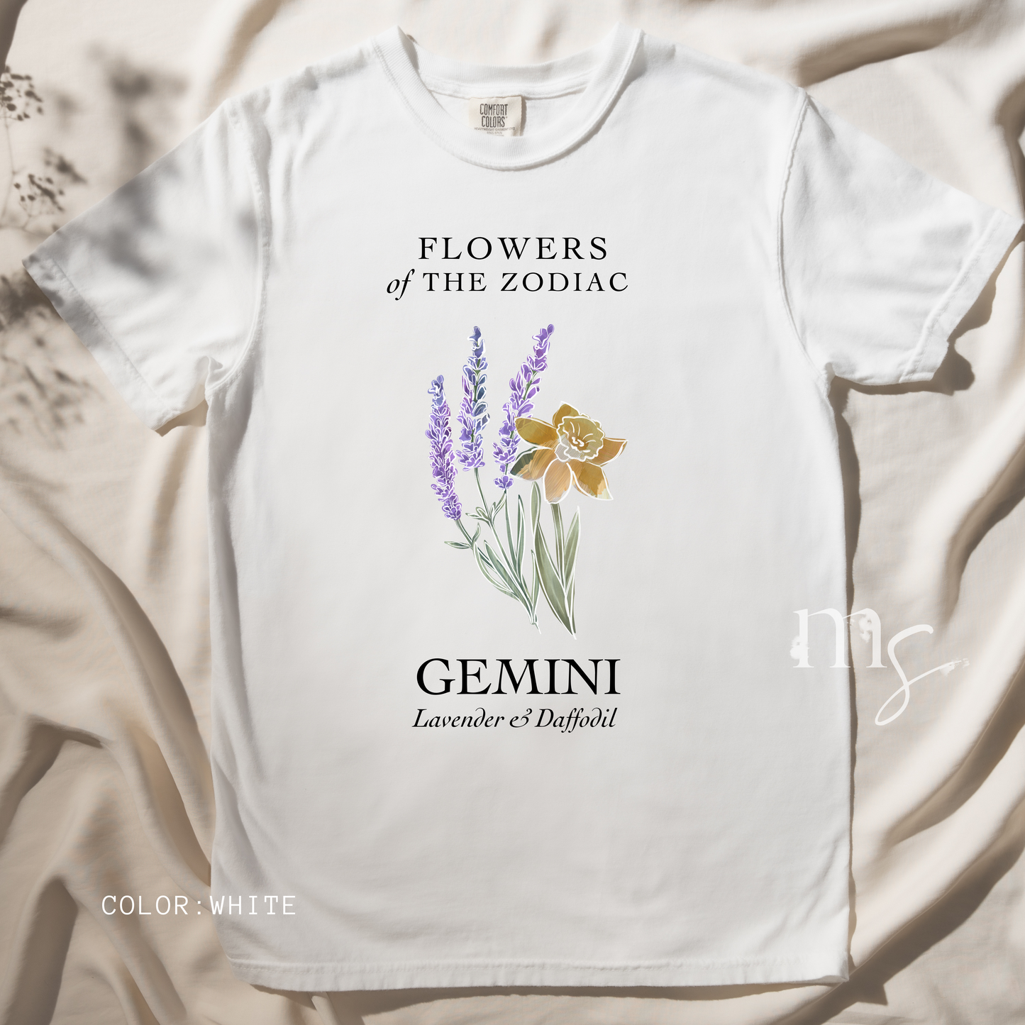 Gemini Floral T-Shirt – Lavender & Daffodil – Astrology T-Shirt