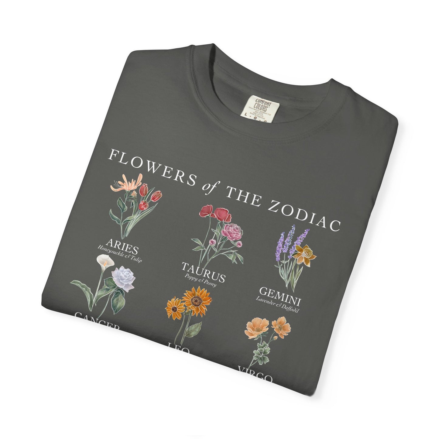 All Zodiac Signs & Birth Flowers T-Shirt – Astrology Floral Graphic Tee – Horoscope Gift for Her