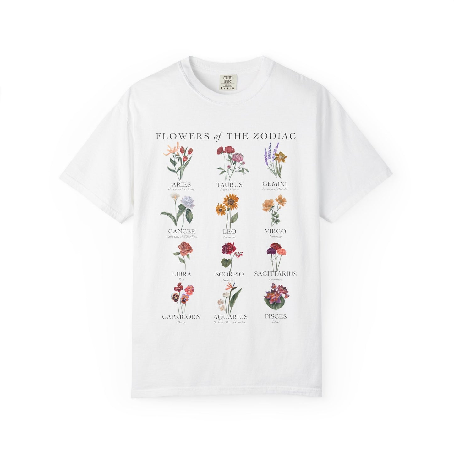 All Zodiac Signs & Birth Flowers T-Shirt – Astrology Floral Graphic Tee – Horoscope Gift for Her