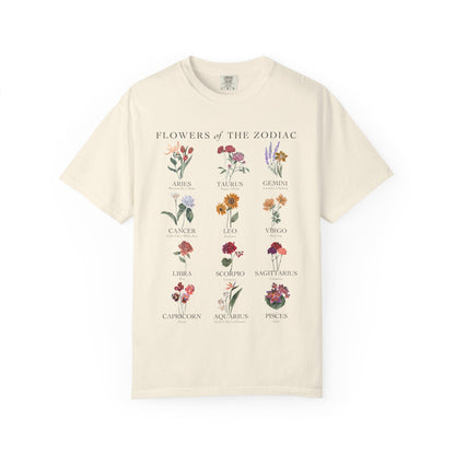 All Zodiac Signs & Birth Flowers T-Shirt – Astrology Floral Graphic Tee – Horoscope Gift for Her
