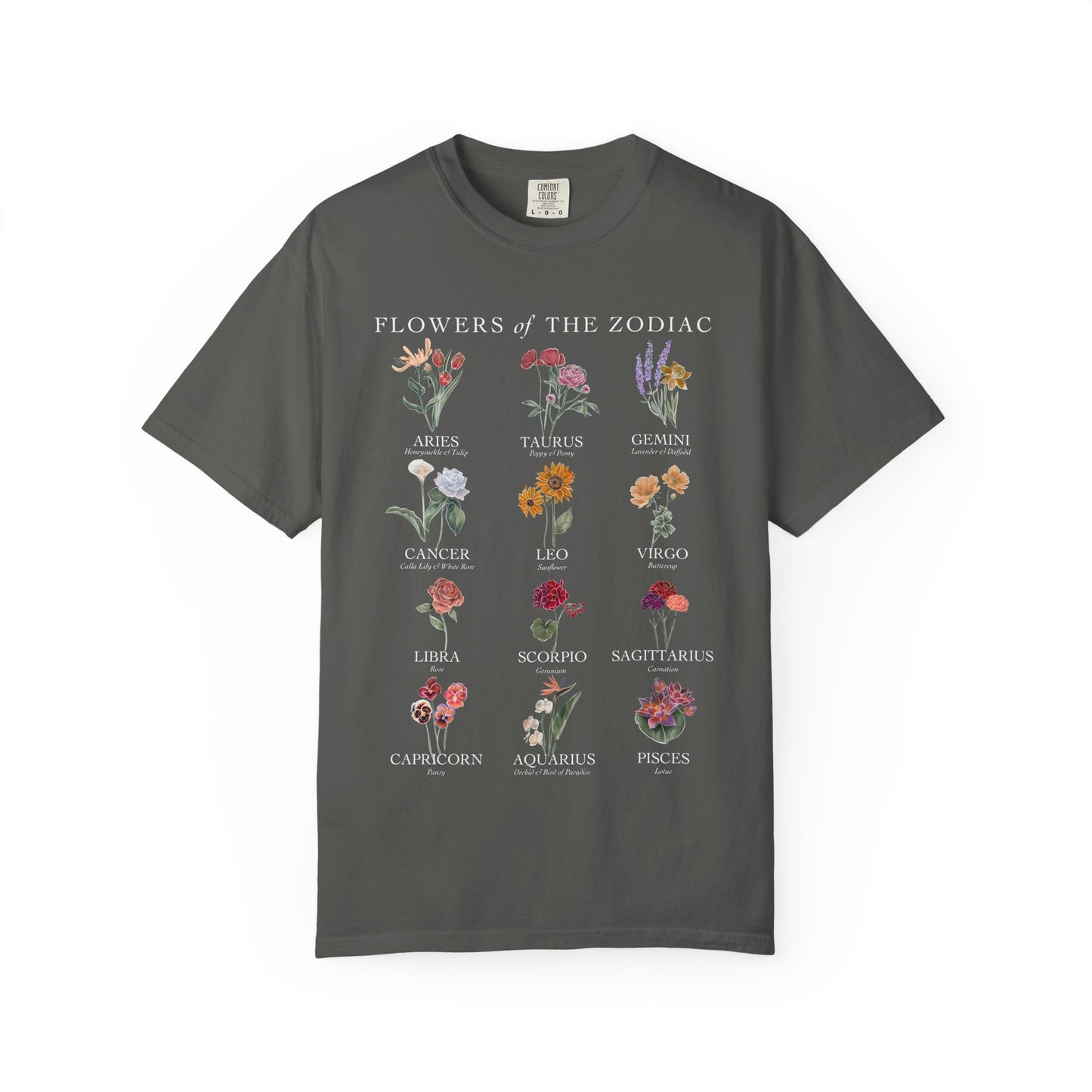 All Zodiac Signs & Birth Flowers T-Shirt – Astrology Floral Graphic Tee – Horoscope Gift for Her