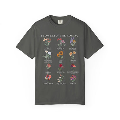 All Zodiac Signs & Birth Flowers T-Shirt – Astrology Floral Graphic Tee – Horoscope Gift for Her