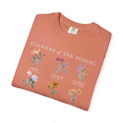 All Zodiac Signs & Birth Flowers T-Shirt – Astrology Floral Graphic Tee – Horoscope Gift for Her