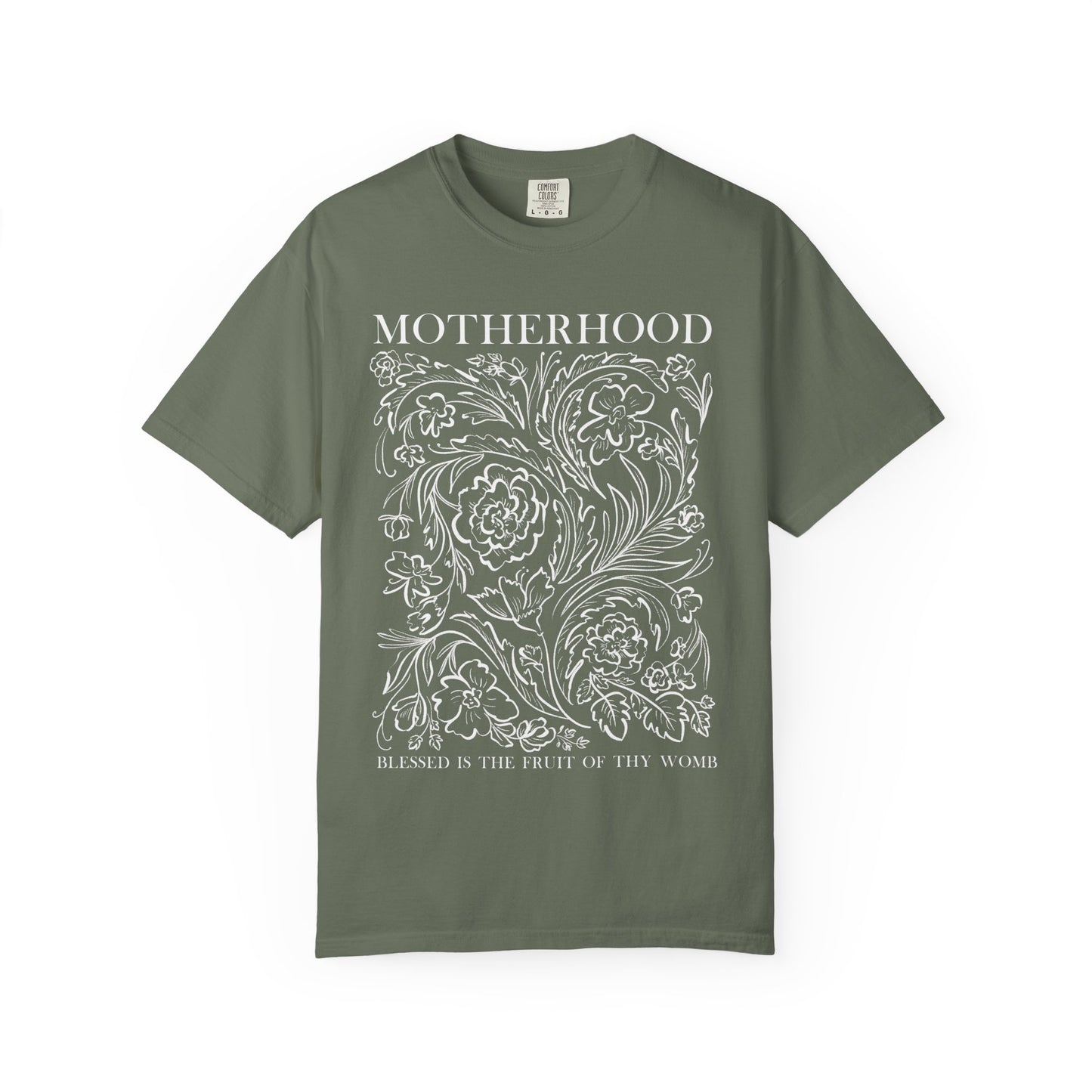 Motherhood T-Shirt — "Blessed is the Fruit of Thy Womb" Hand-Drawn Floral Tee