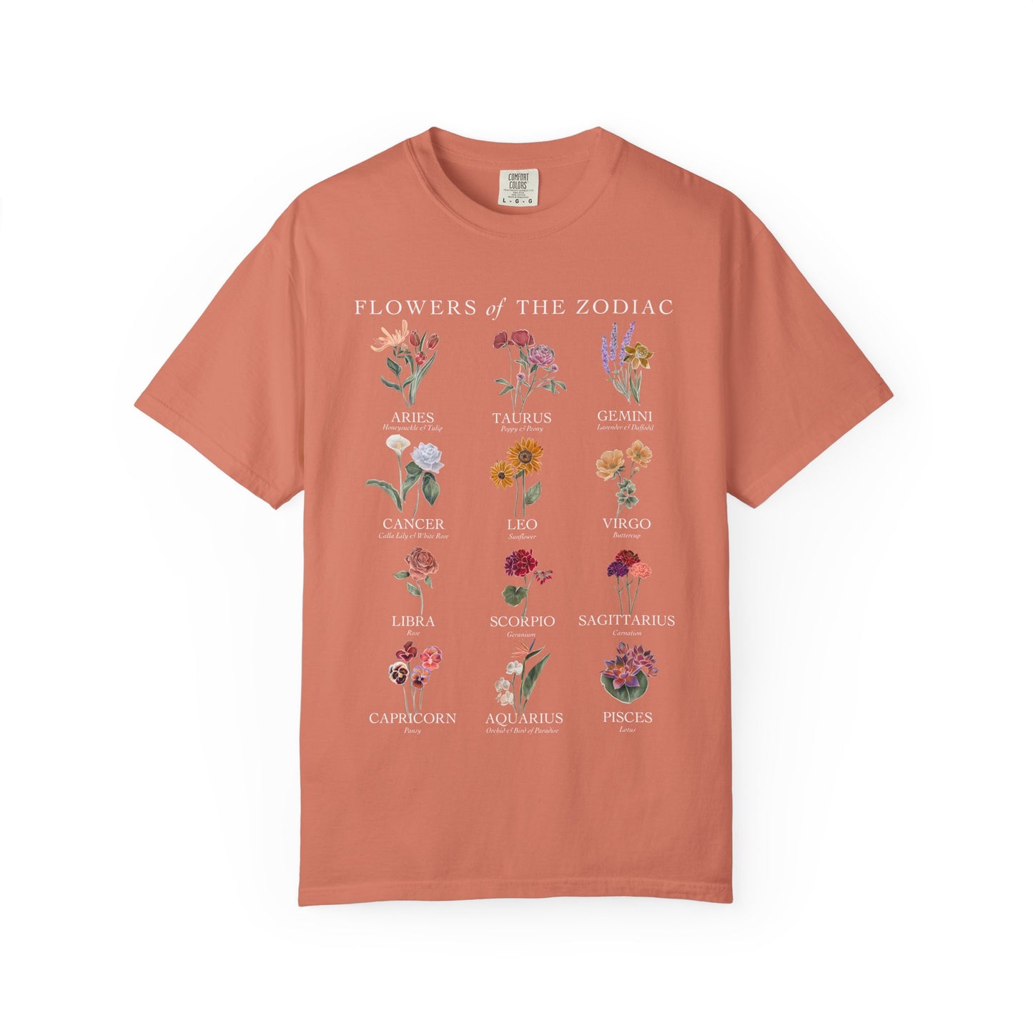 All Zodiac Signs & Birth Flowers T-Shirt – Astrology Floral Graphic Tee – Horoscope Gift for Her