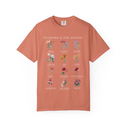 All Zodiac Signs & Birth Flowers T-Shirt – Astrology Floral Graphic Tee – Horoscope Gift for Her