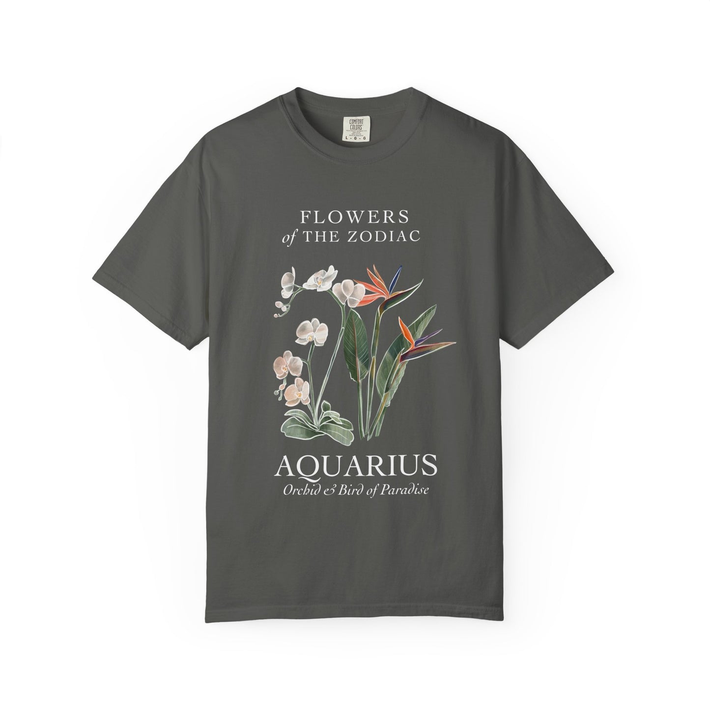 Aquarius Floral T-Shirt – Orchid & Bird of Paradise – Astrology T-Shirt