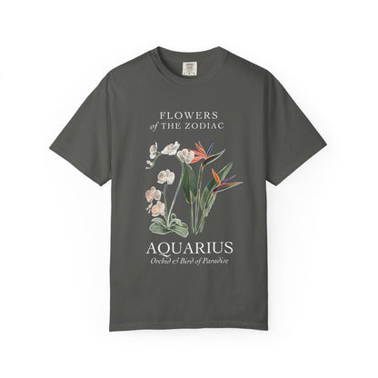 Aquarius Floral T-Shirt – Orchid & Bird of Paradise – Astrology T-Shirt
