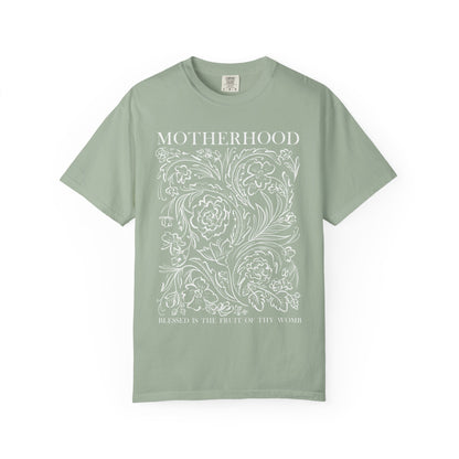 Motherhood T-Shirt — "Blessed is the Fruit of Thy Womb" Hand-Drawn Floral Tee