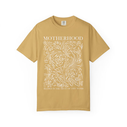 Motherhood T-Shirt — "Blessed is the Fruit of Thy Womb" Hand-Drawn Floral Tee