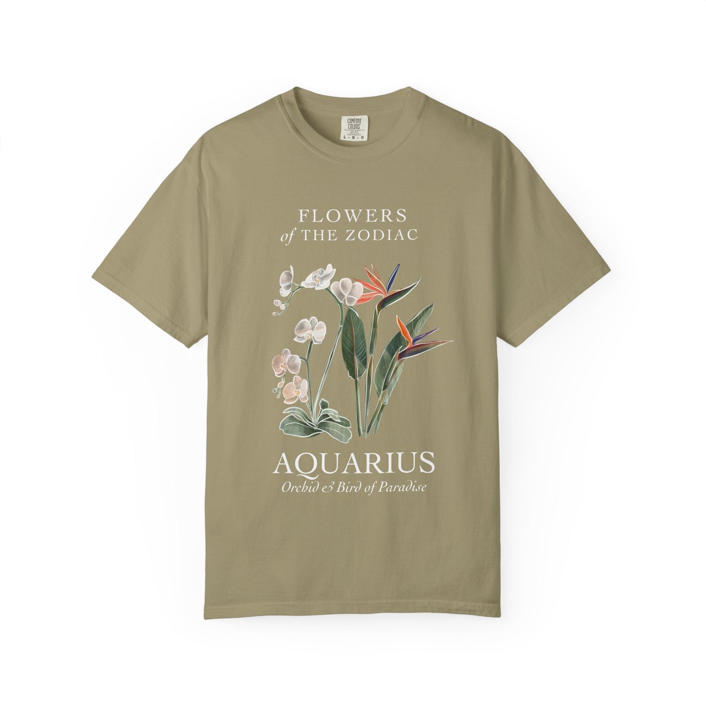 Aquarius Floral T-Shirt – Orchid & Bird of Paradise – Astrology T-Shirt