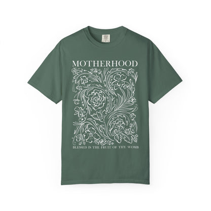 Motherhood T-Shirt — "Blessed is the Fruit of Thy Womb" Hand-Drawn Floral Tee