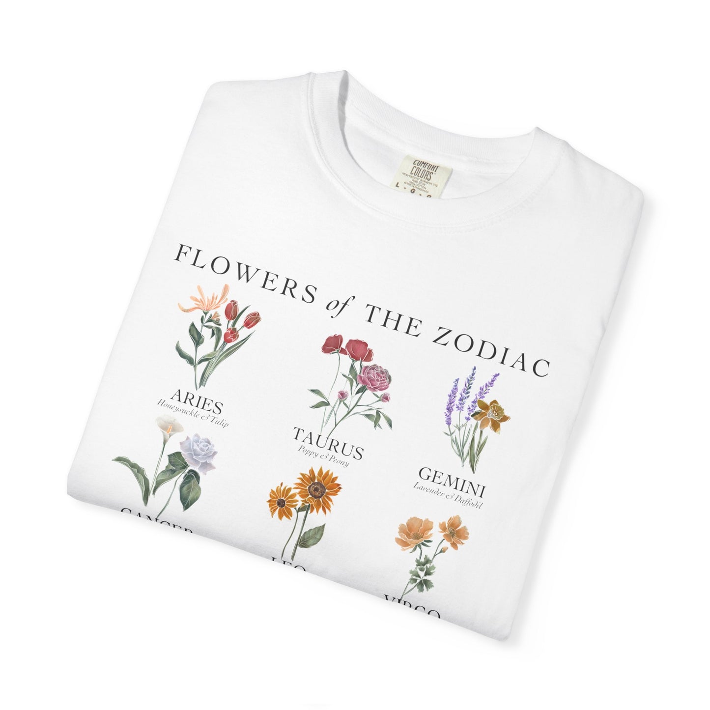 All Zodiac Signs & Birth Flowers T-Shirt – Astrology Floral Graphic Tee – Horoscope Gift for Her