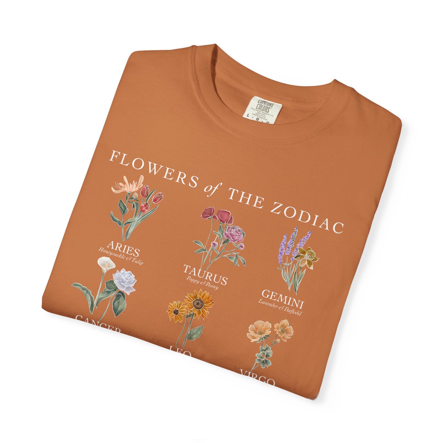 All Zodiac Signs & Birth Flowers T-Shirt – Astrology Floral Graphic Tee – Horoscope Gift for Her