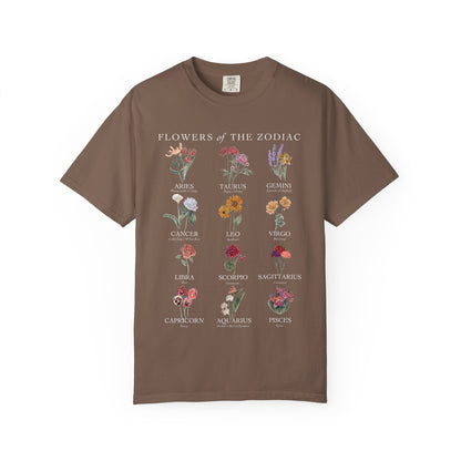 All Zodiac Signs & Birth Flowers T-Shirt – Astrology Floral Graphic Tee – Horoscope Gift for Her