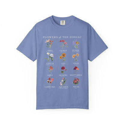 All Zodiac Signs & Birth Flowers T-Shirt – Astrology Floral Graphic Tee – Horoscope Gift for Her