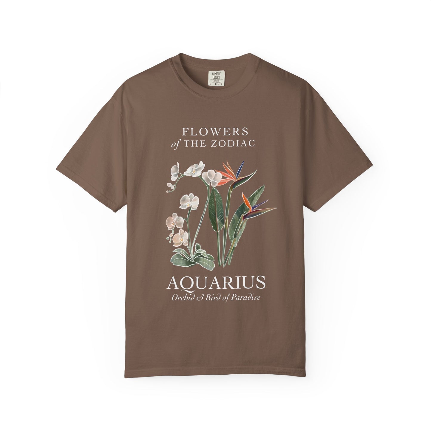 Aquarius Floral T-Shirt – Orchid & Bird of Paradise – Astrology T-Shirt