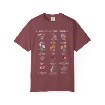 All Zodiac Signs & Birth Flowers T-Shirt – Astrology Floral Graphic Tee – Horoscope Gift for Her