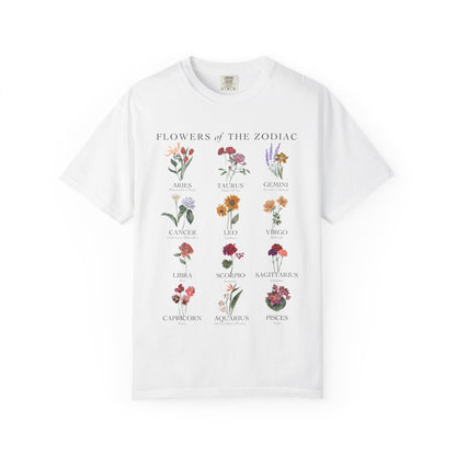 All Zodiac Signs & Birth Flowers T-Shirt – Astrology Floral Graphic Tee – Horoscope Gift for Her
