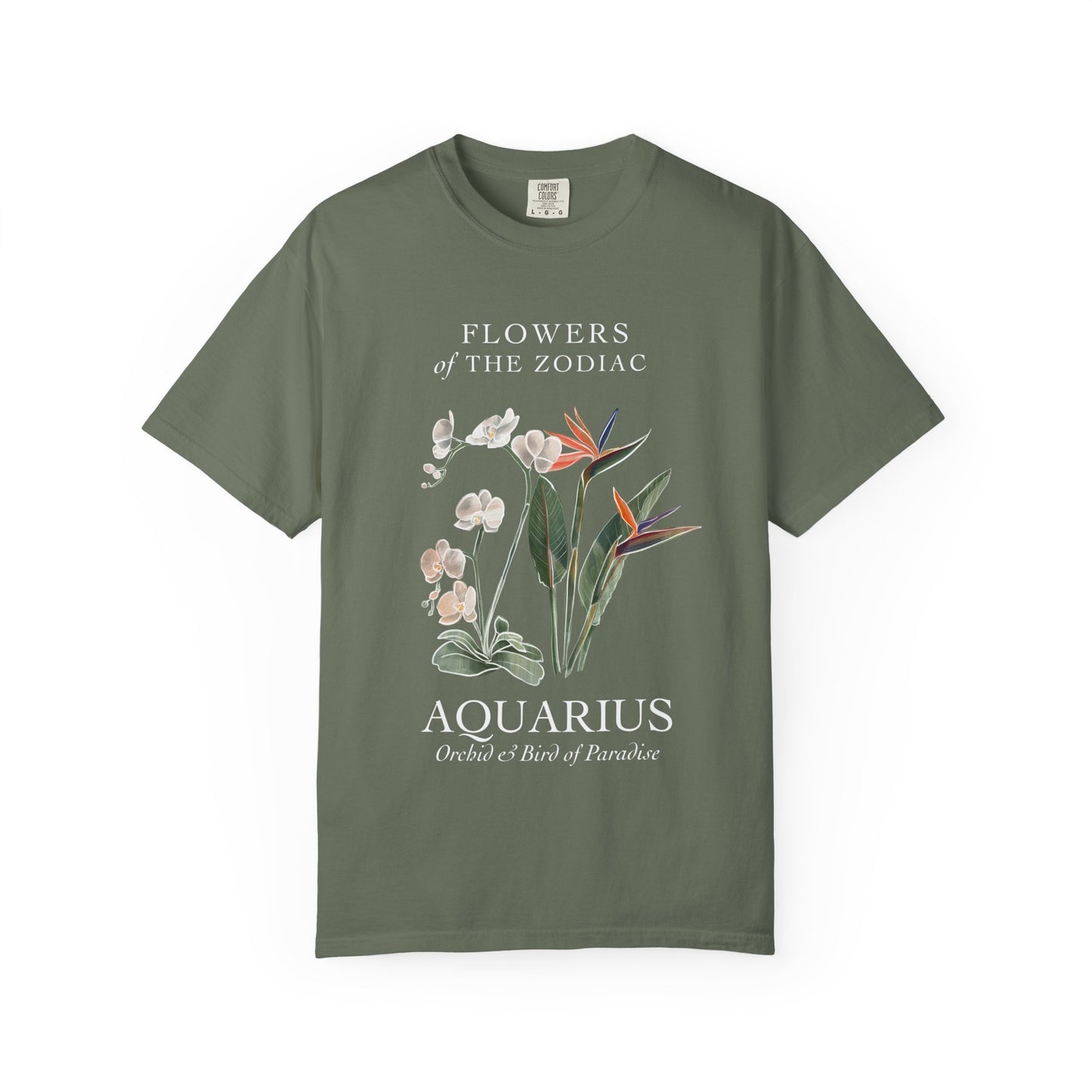 Aquarius Floral T-Shirt – Orchid & Bird of Paradise – Astrology T-Shirt