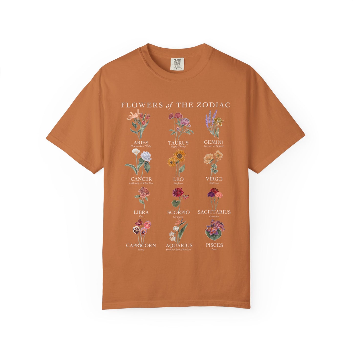 All Zodiac Signs & Birth Flowers T-Shirt – Astrology Floral Graphic Tee – Horoscope Gift for Her