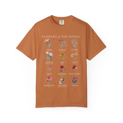 All Zodiac Signs & Birth Flowers T-Shirt – Astrology Floral Graphic Tee – Horoscope Gift for Her