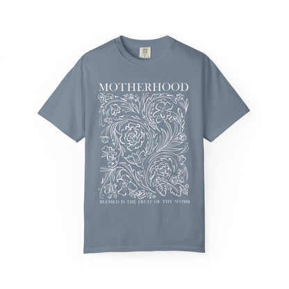 Motherhood T-Shirt — "Blessed is the Fruit of Thy Womb" Hand-Drawn Floral Tee