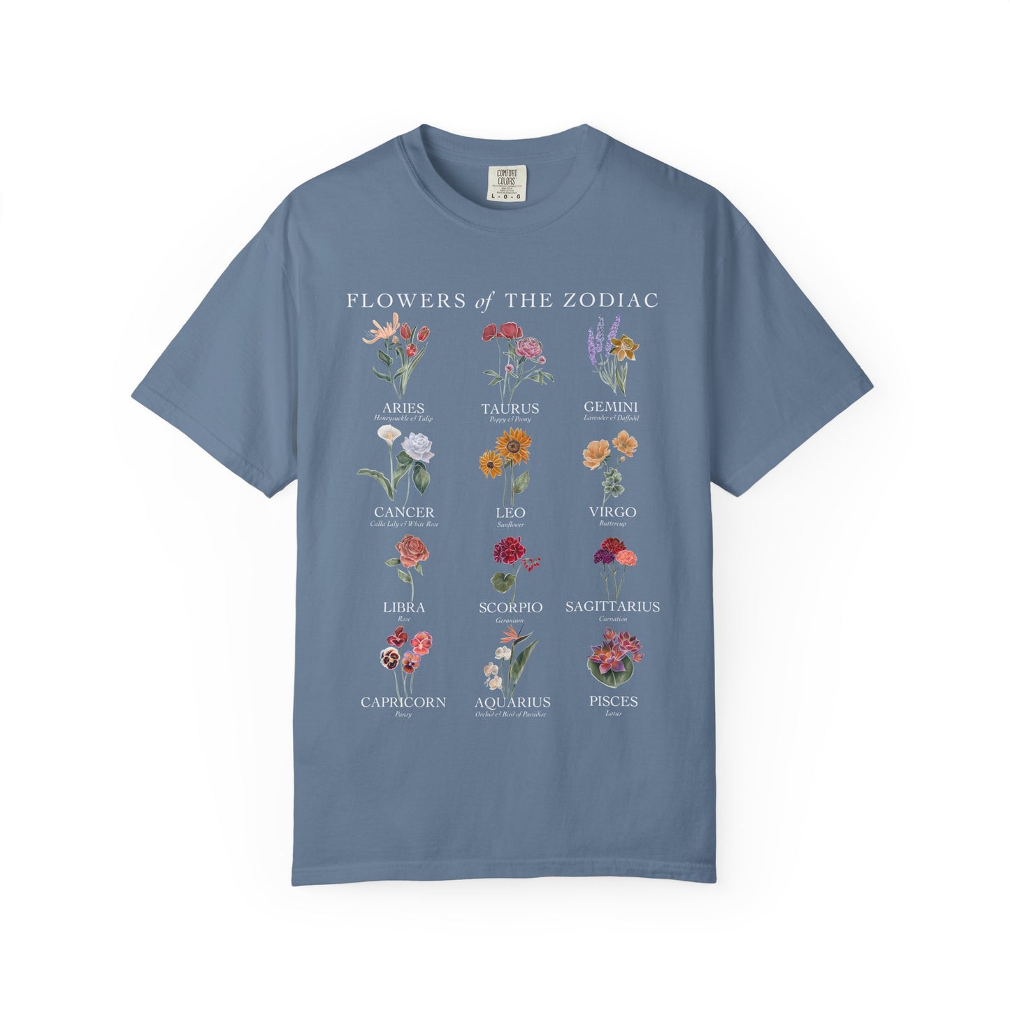 All Zodiac Signs & Birth Flowers T-Shirt – Astrology Floral Graphic Tee – Horoscope Gift for Her