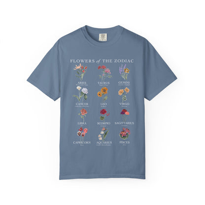 All Zodiac Signs & Birth Flowers T-Shirt – Astrology Floral Graphic Tee – Horoscope Gift for Her