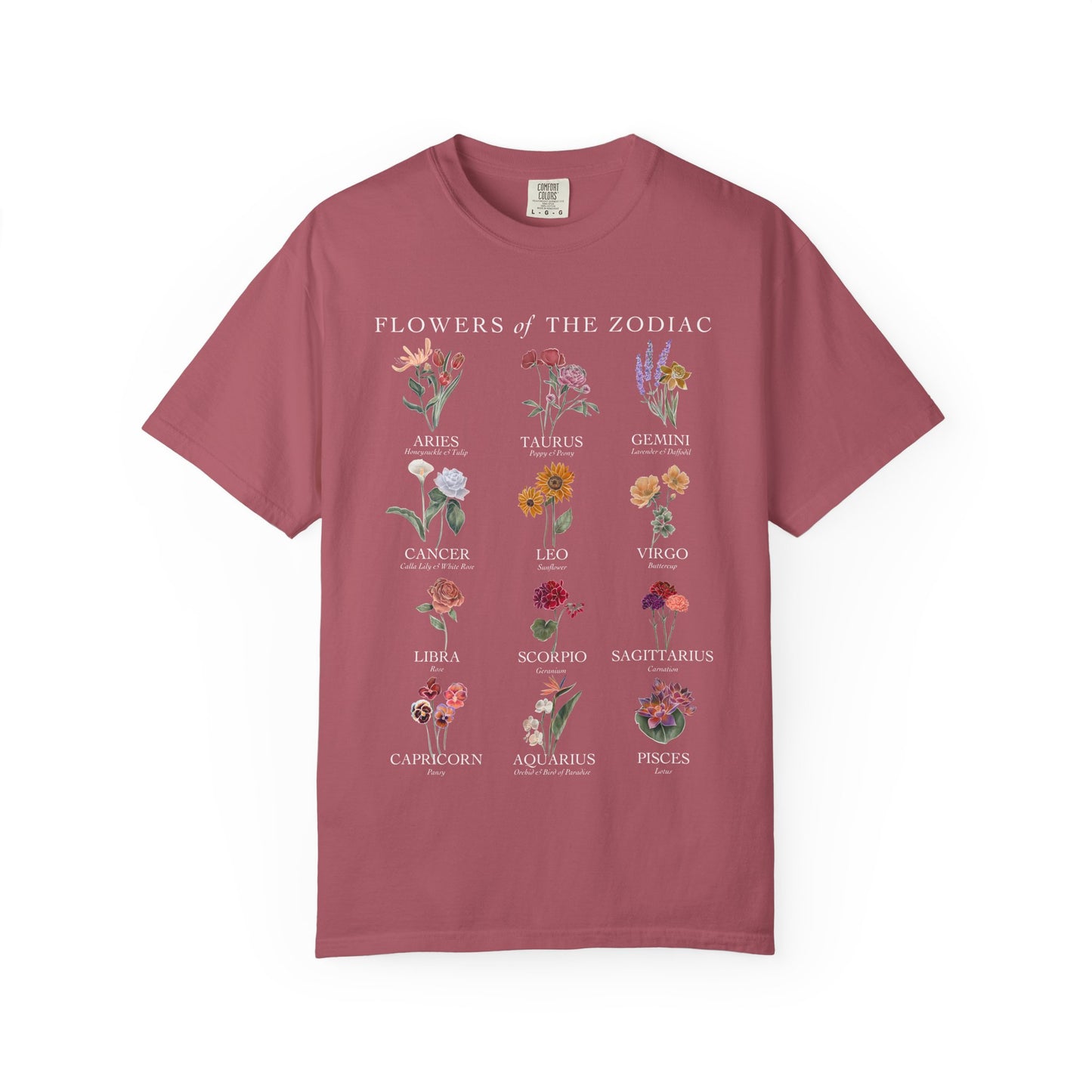 All Zodiac Signs & Birth Flowers T-Shirt – Astrology Floral Graphic Tee – Horoscope Gift for Her