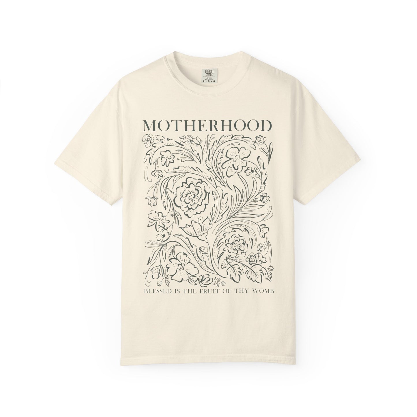 Motherhood T-Shirt — "Blessed is the Fruit of Thy Womb" Hand-Drawn Floral Tee