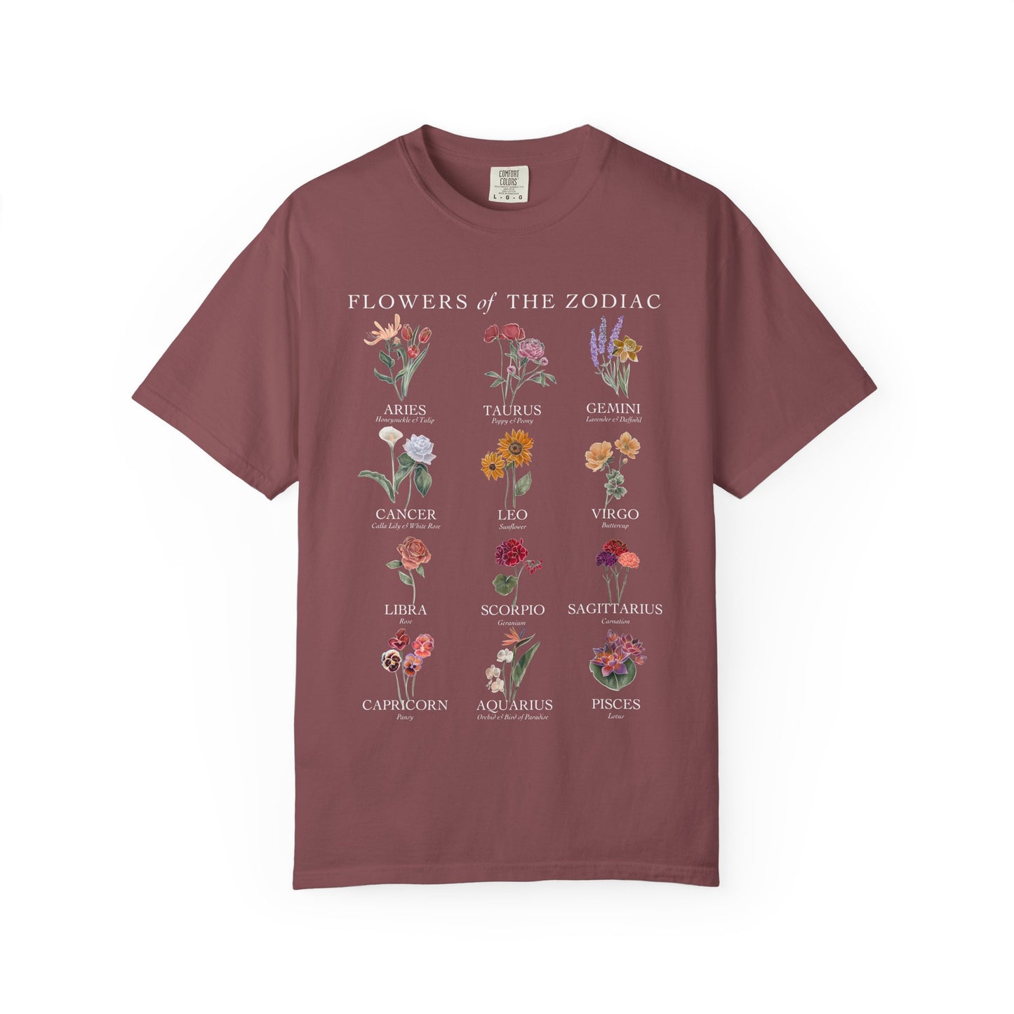 All Zodiac Signs & Birth Flowers T-Shirt – Astrology Floral Graphic Tee – Horoscope Gift for Her