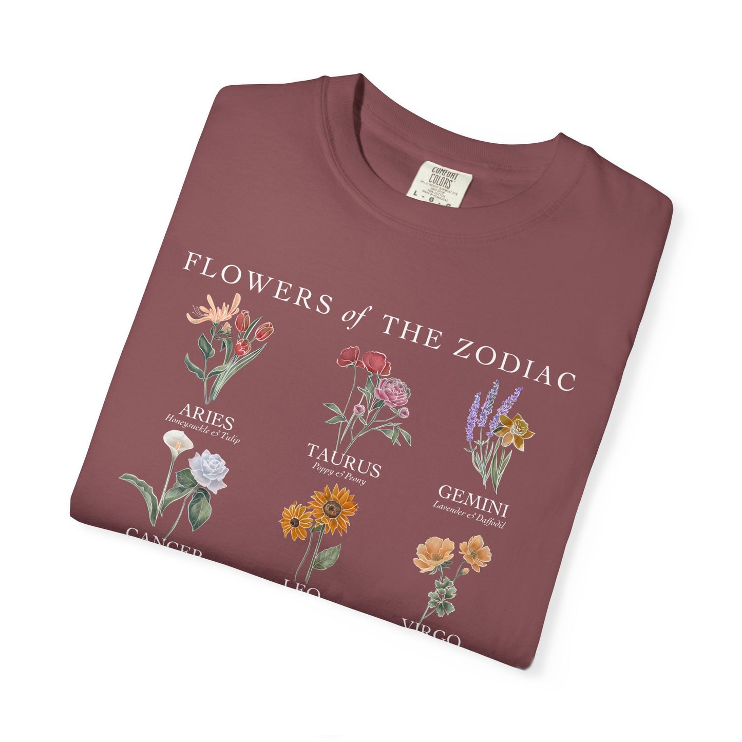 All Zodiac Signs & Birth Flowers T-Shirt – Astrology Floral Graphic Tee – Horoscope Gift for Her