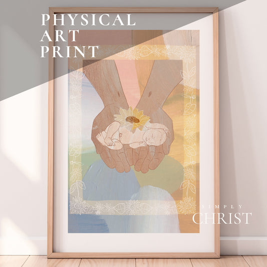 Jesus Holding Infant with Sunflower Art Print | Miscarriage Gift Infant Loss Gifts | Child of God Art | Child Loss of Child Gift Art Print
