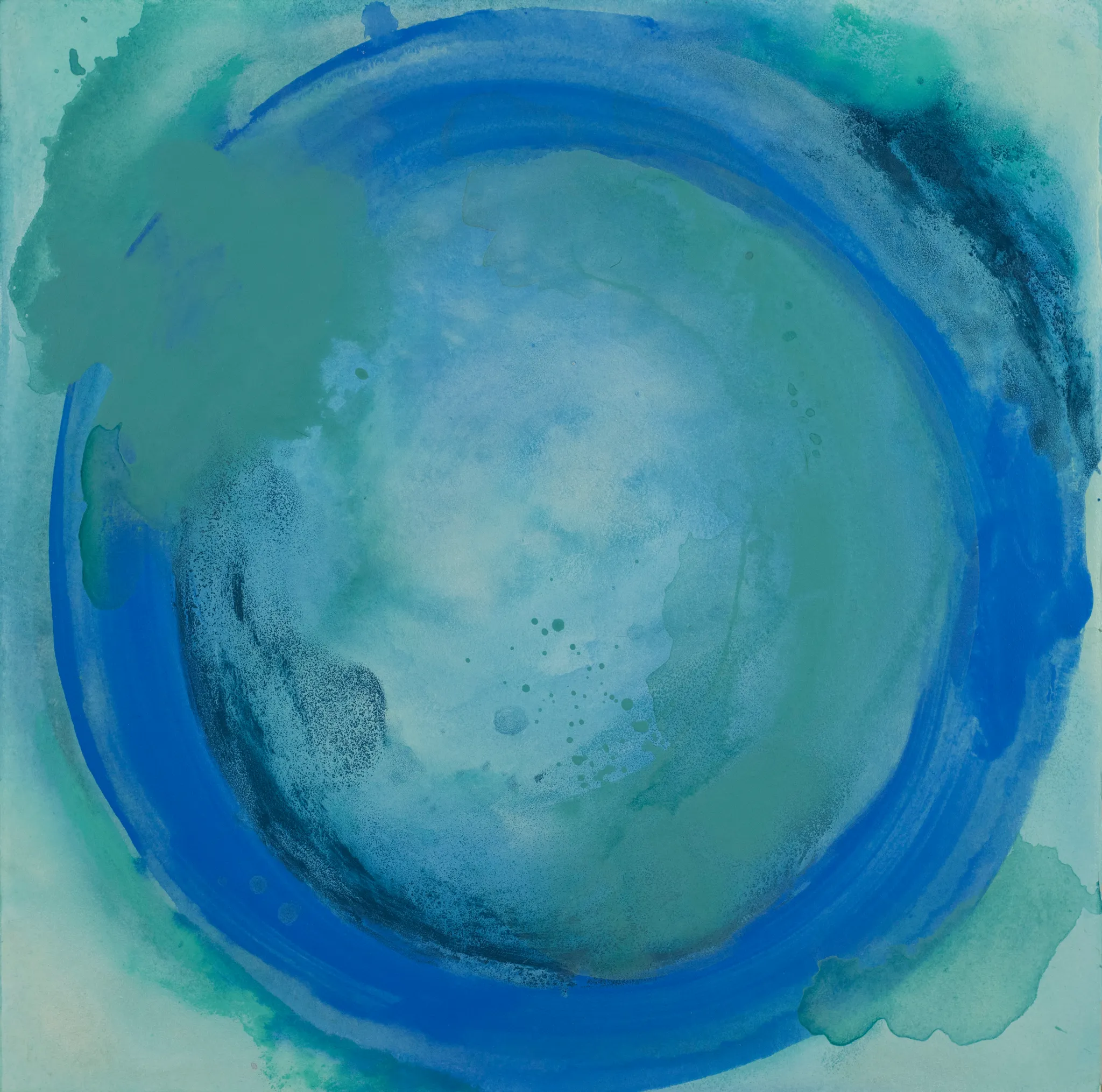 A square painting of a circle brushed in cobalt blue around a pale teal middle, on washes of teal and sea green.