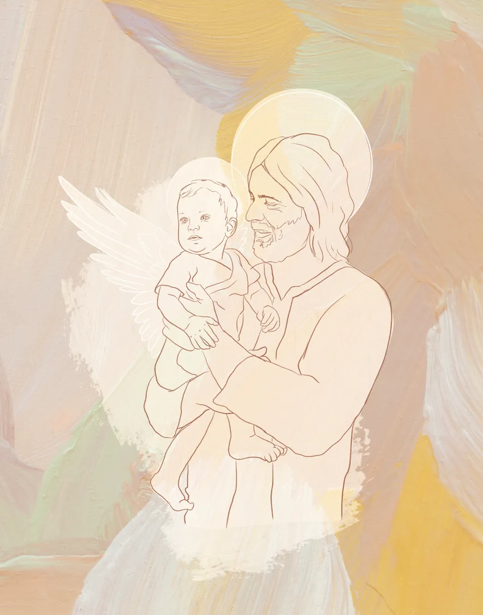 Angel Baby with Christ, the full artwork: Christ with a halo, drawn in fine brown line, smiling as he holds a baby with white wings and a halo, on soft strokes of cream, mustard, sage and lilac.