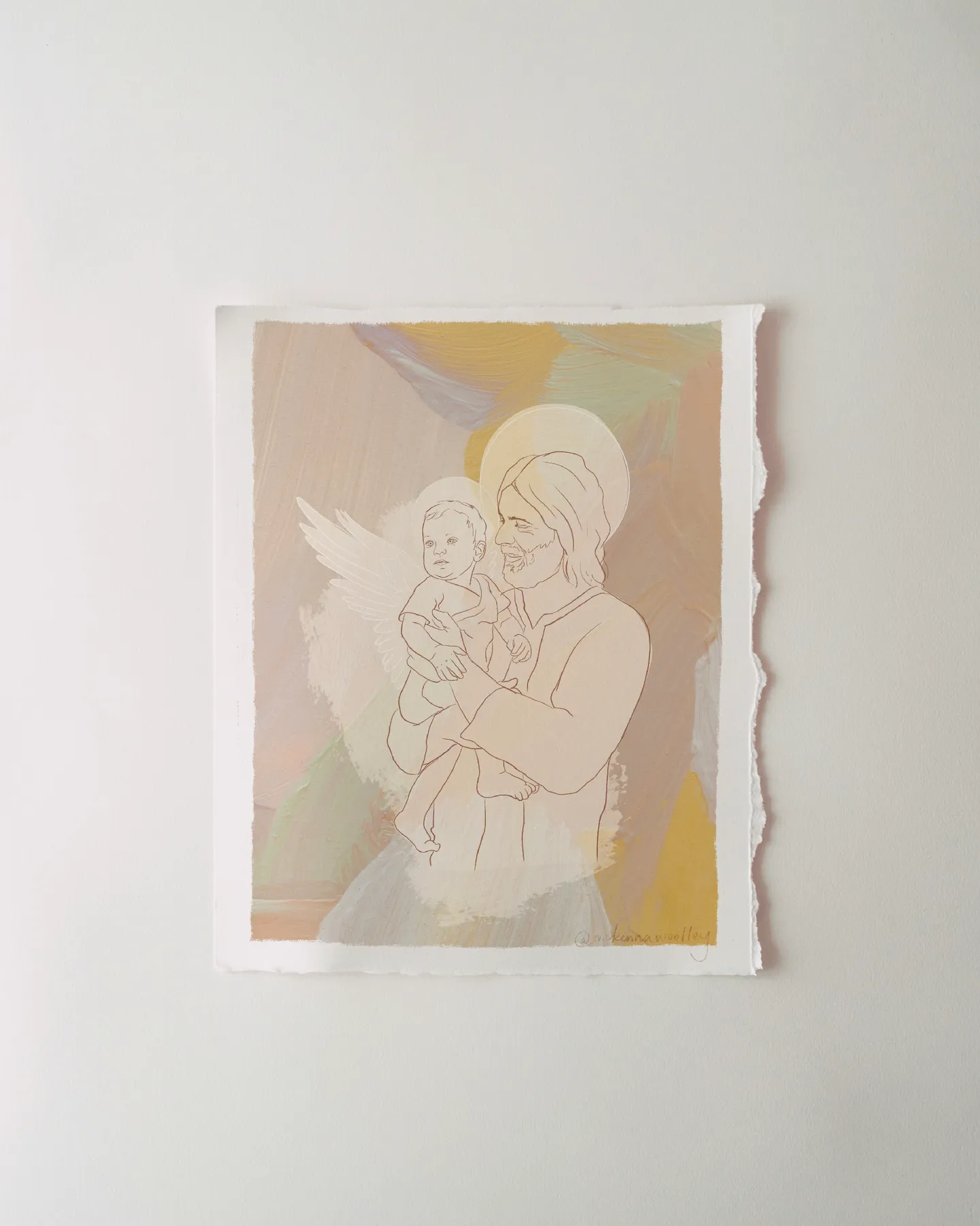 Angel Baby with Christ, unframed, a sheet with torn edges hung on a pale wall.