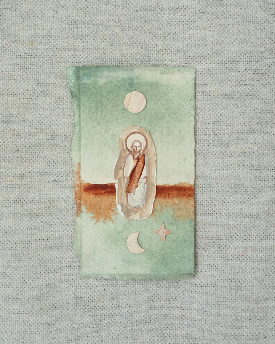 A small painting on torn-edged paper, laid on linen: a figure of Christ in a pale oval on sage green crossed by a band of rust, with a full moon above and a crescent moon and a small star below.