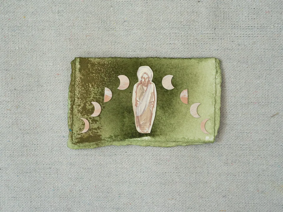 A small landscape painting on torn-edged paper, laid on linen: a figure of Christ in a pale robe on moss green, with pale crescent moons arcing around him through their phases.