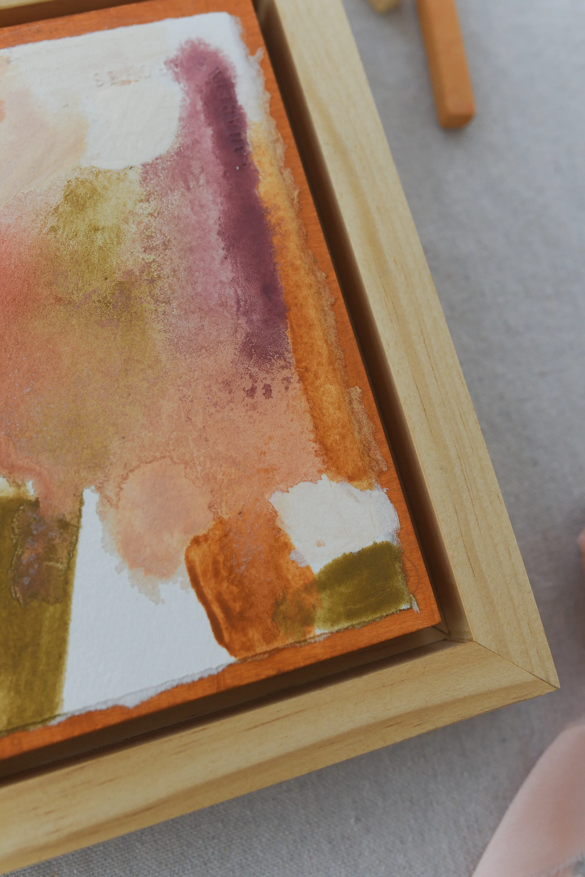 Causeway, view 2 of 5: this intuitive abstract blends white, peach, soft pink, light olive green, and raw sienna, with a subtle hint of magenta.