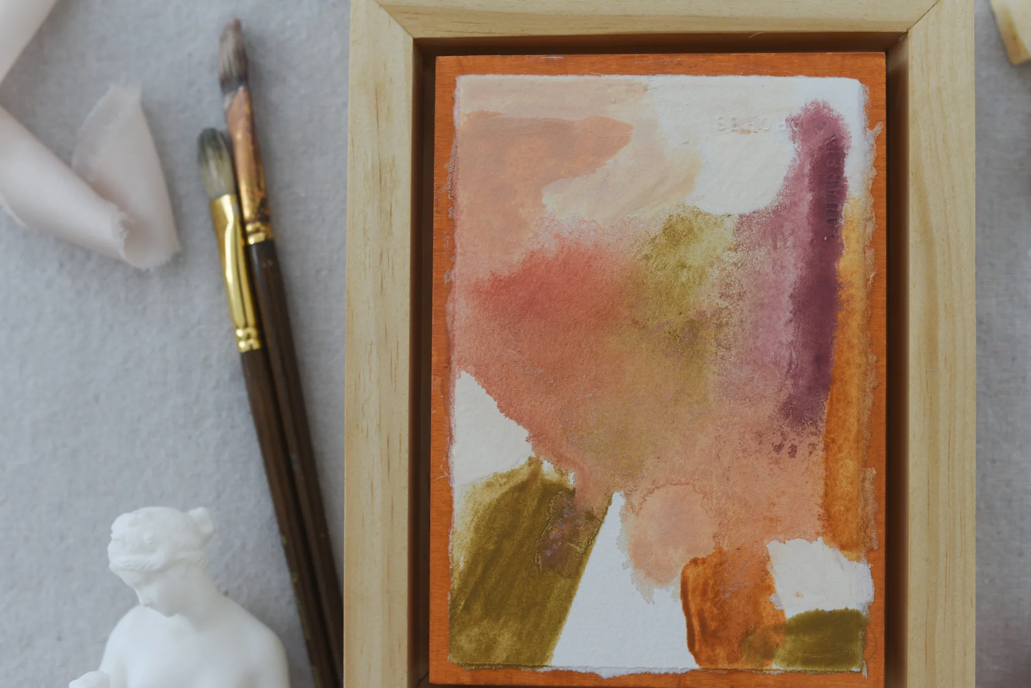 Causeway, view 3 of 5: this intuitive abstract blends white, peach, soft pink, light olive green, and raw sienna, with a subtle hint of magenta.