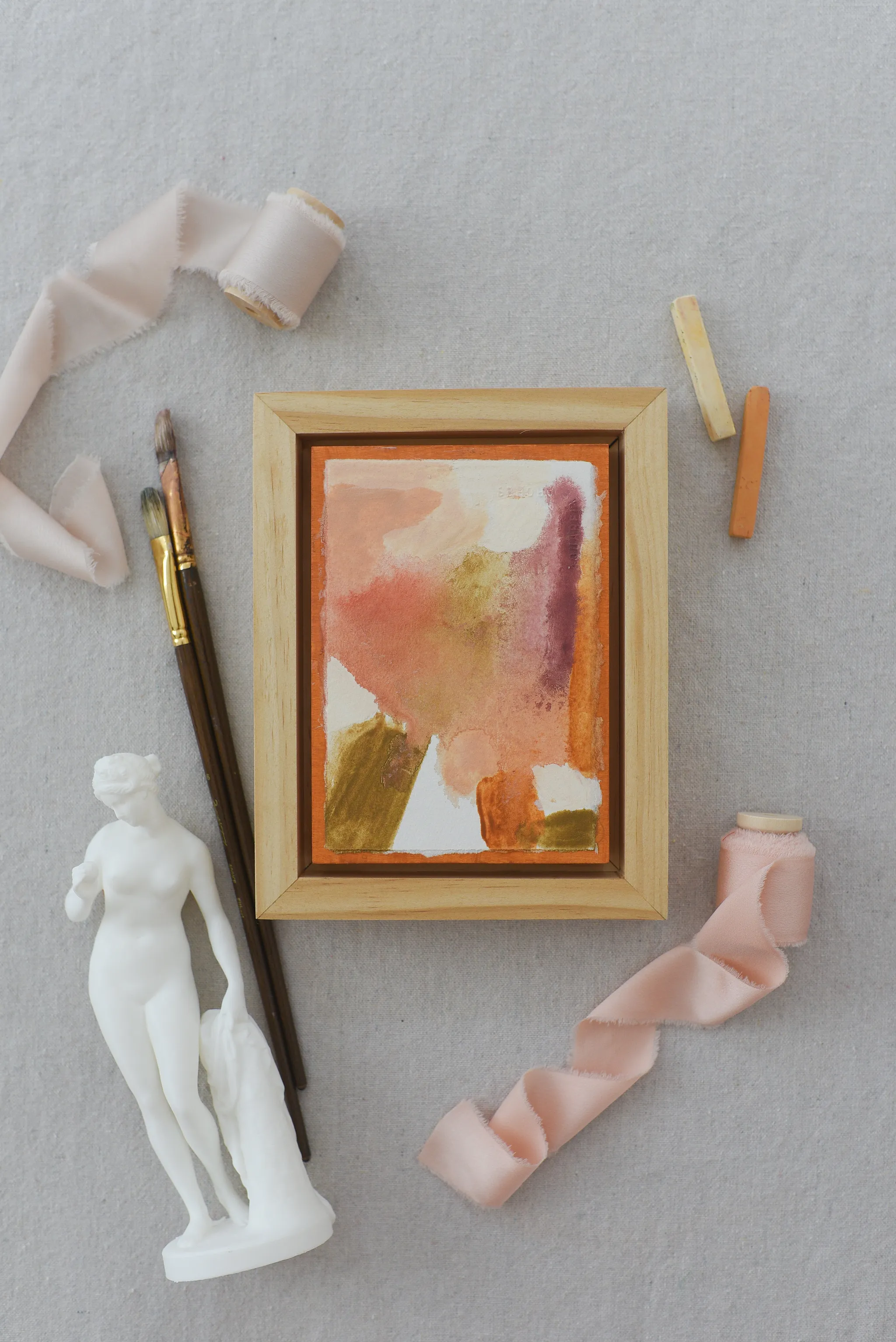 Causeway, view 4 of 5: this intuitive abstract blends white, peach, soft pink, light olive green, and raw sienna, with a subtle hint of magenta.