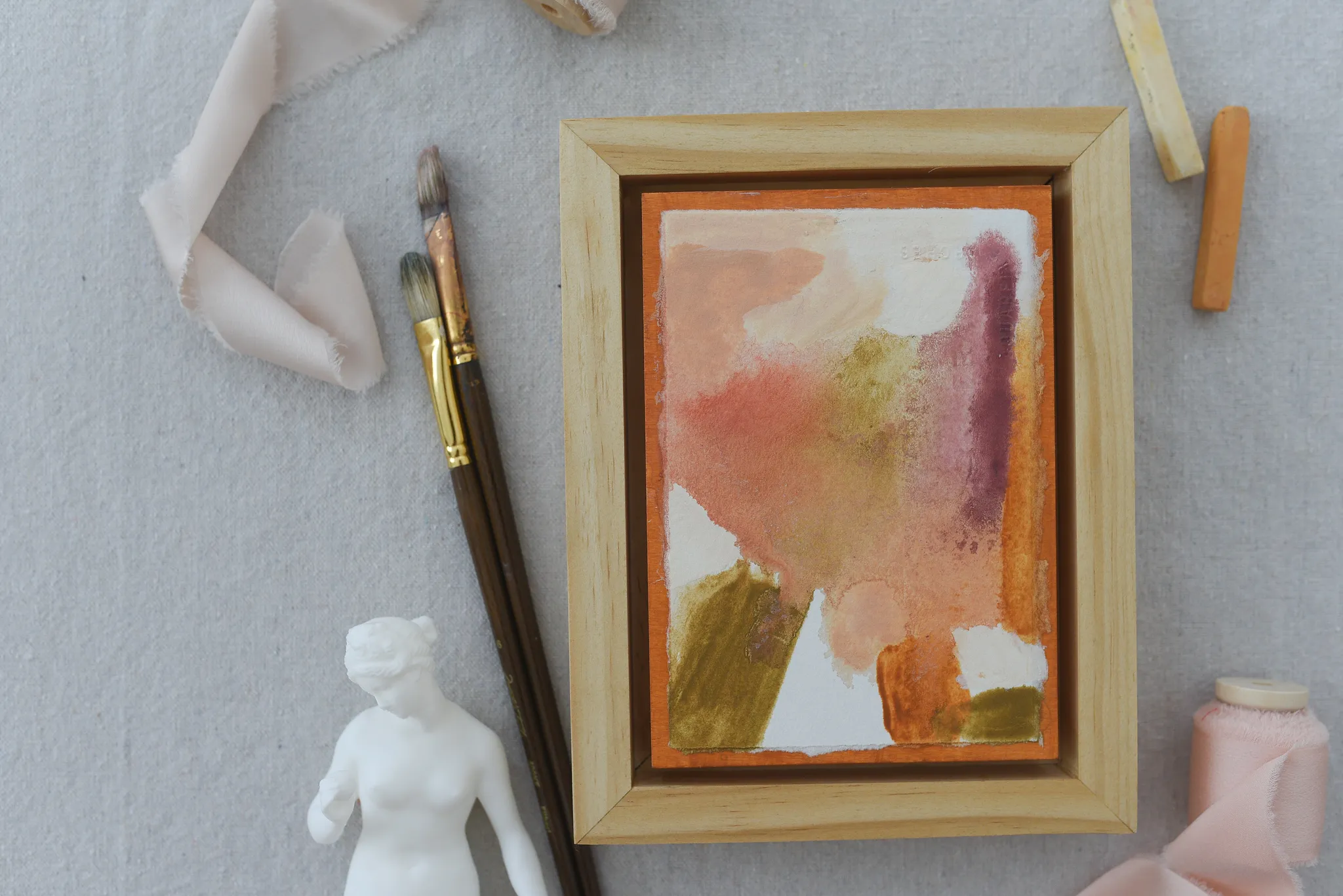 Causeway, view 5 of 5: this intuitive abstract blends white, peach, soft pink, light olive green, and raw sienna, with a subtle hint of magenta.