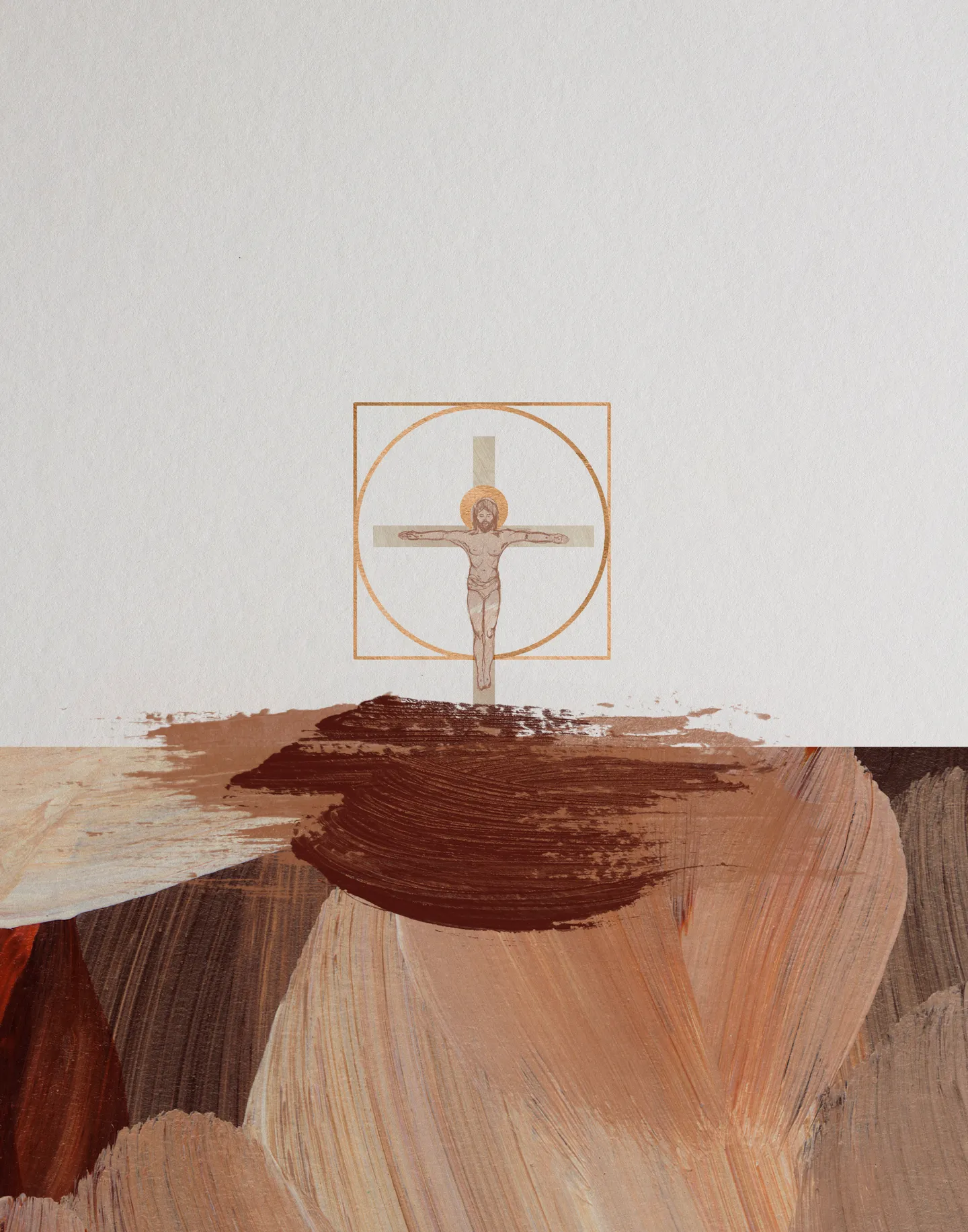 Christ on the Cross, the full artwork: a small haloed figure of Christ on a pale cross, inside a fine gold circle and square, above a dark brushstroke and wide sweeps of tan, cream and brown on pale paper.