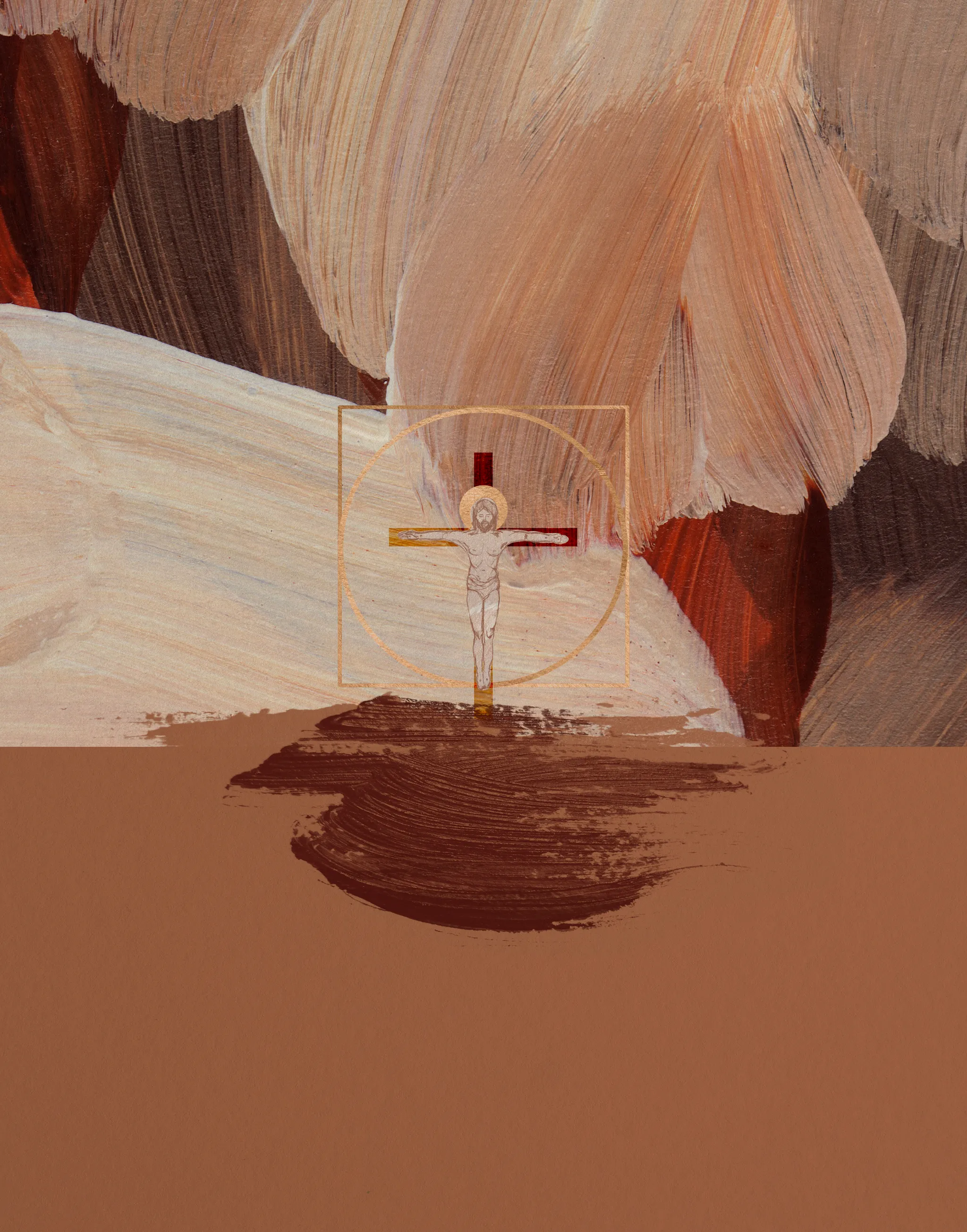 Christ on the Cross in Tan, the full artwork: a small haloed figure of Christ on a deep red cross, inside a fine gold circle and square, against wide brushstrokes of cream, tan, rust and brown, above a dark brushstroke on a flat tan brown ground.