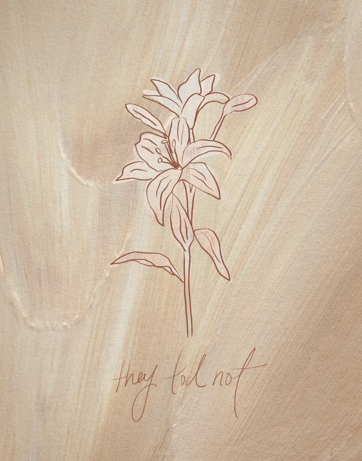 Consider the Lilies on Tan, the full artwork: a lily on a single stem drawn in fine rust lines over cream and tan brushstrokes, with "they toil not" handwritten beneath it.