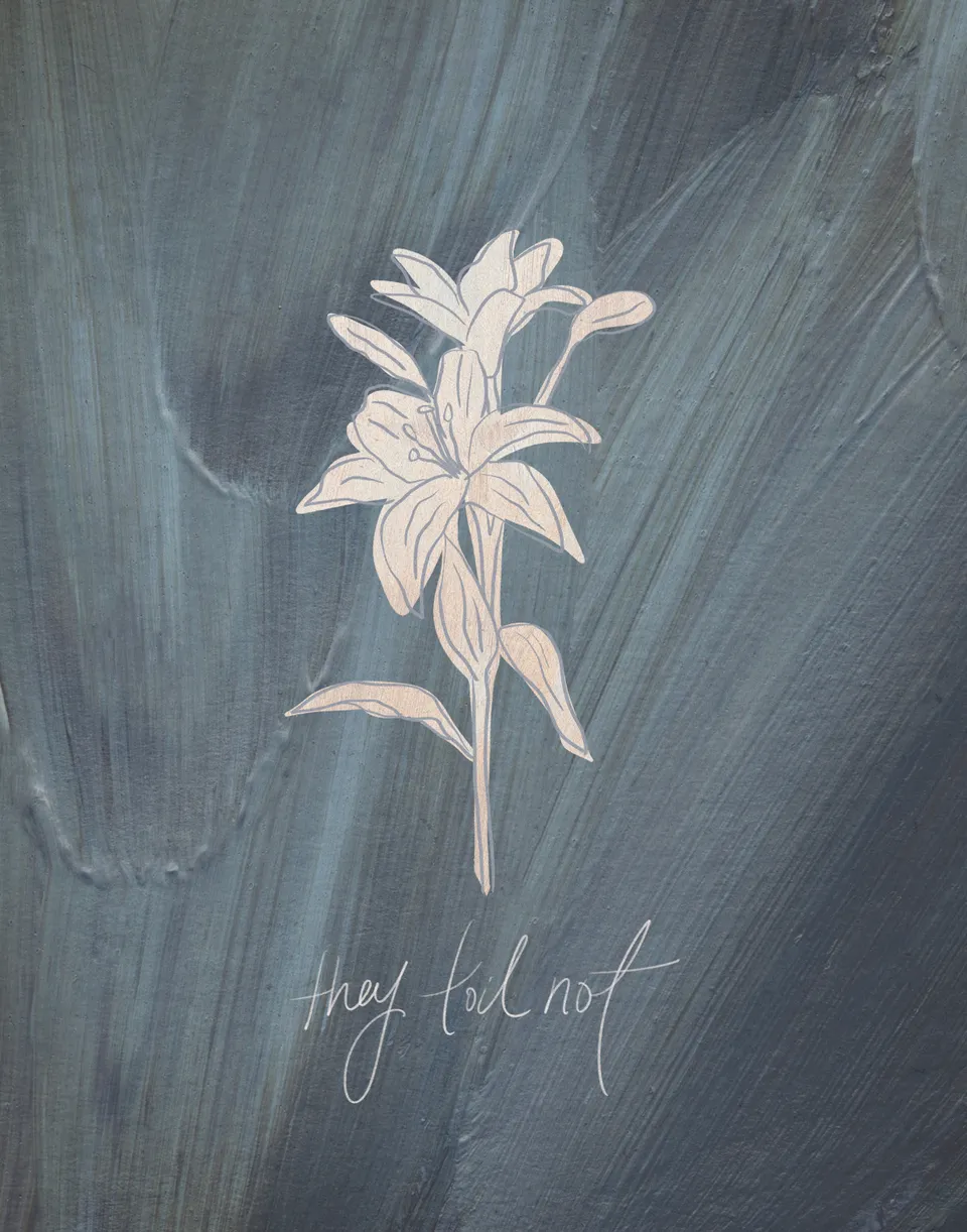Consider the Lilies on Blue, the full artwork: a pale blush lily on a single stem drawn over slate blue and grey brushstrokes, with "they toil not" handwritten beneath it.