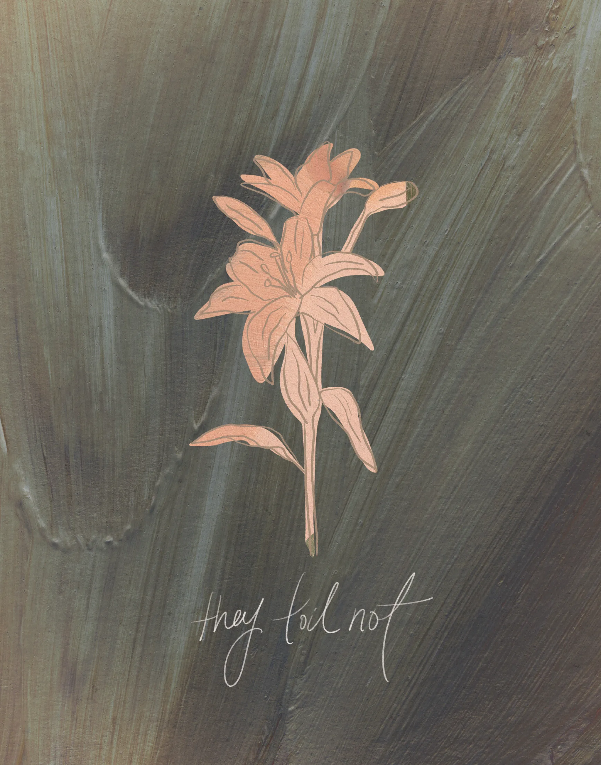 Consider the Lilies on Green, the full artwork: a peach lily on a single stem drawn over dark green and grey brushstrokes, with "they toil not" handwritten beneath it.